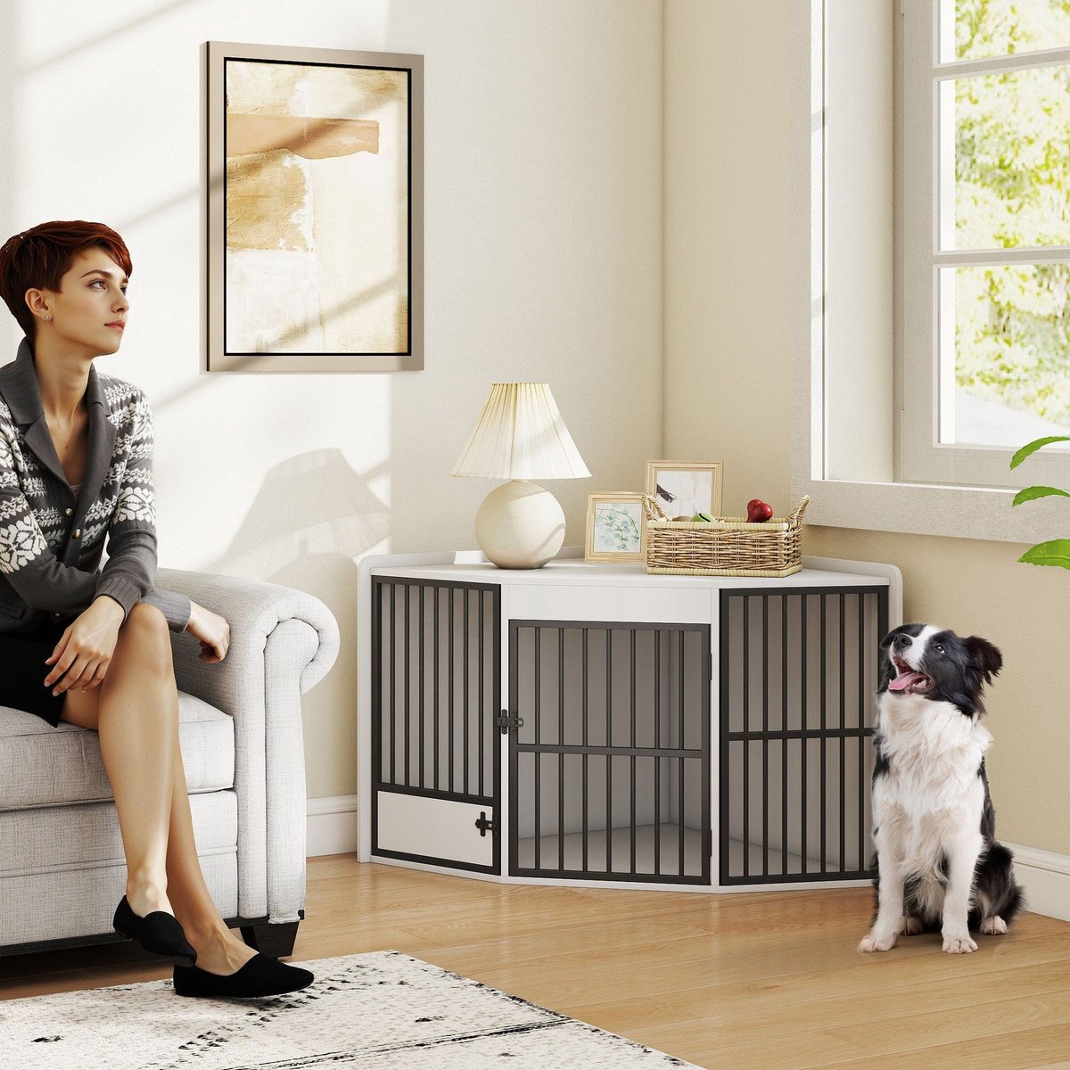 Dog Box – Hondenhok – Hondenbench – Huisdierbox – Voerluik – Metaal Wit – Voor Kleine en Middelgrote Honden – Stevig en Veilig