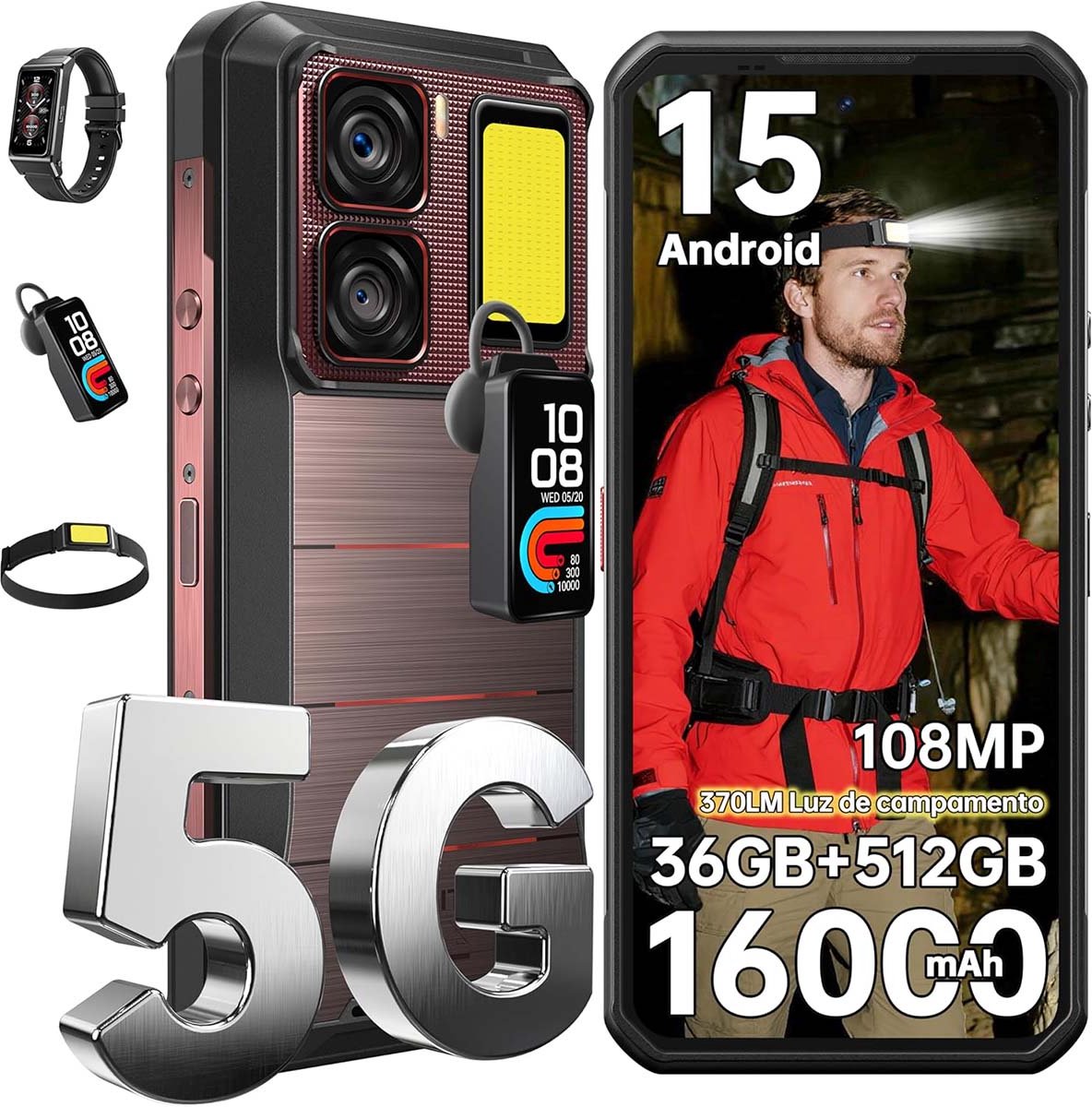 Oukitel WP300 Robuuste Smartphone 5G - IP68/IP69K Outdoor Telefoon - 12GB RAM - 128GB ROM - 16000mAh 120Hz - 6,8 inch FHD+ scherm - Met Afneembare Module Oortelefoon, Kamplampje - Rood