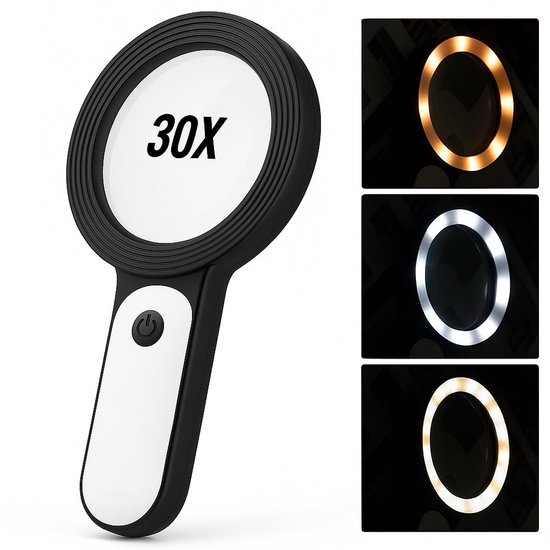Zwart vergrootglas met witte handgreep, 30X op de lens. Drie ingebouwde lichtstanden: warm, koud en gemengd.
