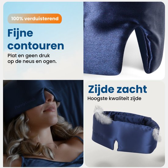 Une femme porte un masque de sommeil en soie bleu marine. Gros plan du tissu doux et profilé.