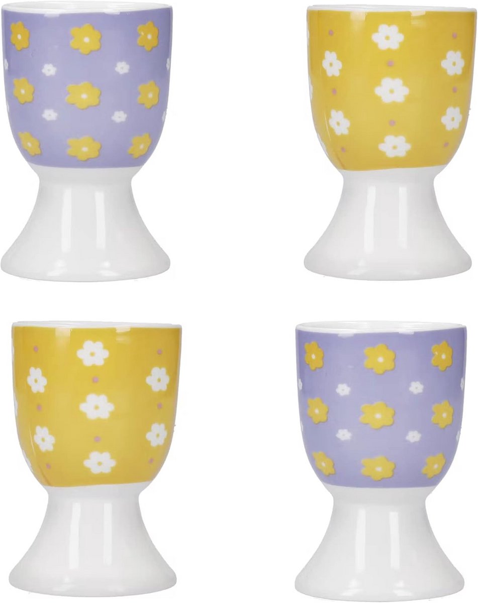 Set van 4 Porseleinen Eierdopjes met Bloemdessin