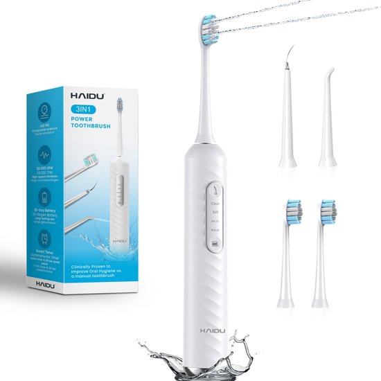 HAIDU 3 in 1 Elektrische Tandenborstel – Waterflosser – 3 Verschillende Opzetstukken – 2 Opzetborstels – Wit – Standaard Bundel