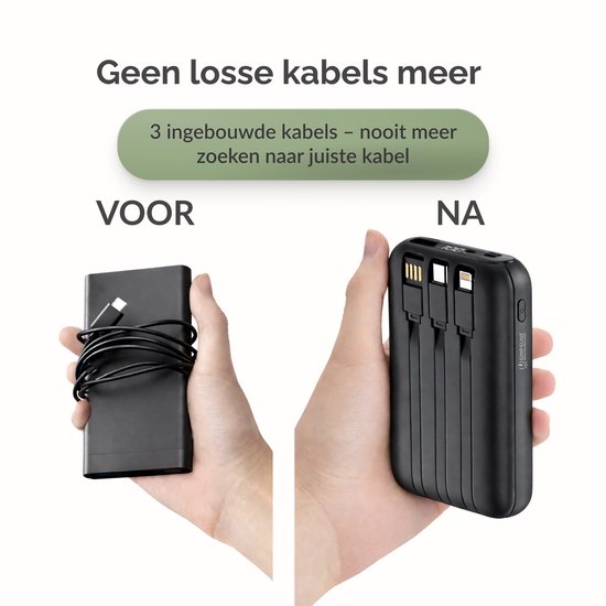 Vergelijking: Linkerhand met gewone powerbank en kabel, rechterhand met powerbank met 3 kabels.