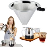 Koffiefilter - Koffiefilter trechter - Koffiepot filter scherm - Dubbellaags roestvrijstalen filter - Conisch filter - Met siliconen handvat - Voor koffie en thee (10,2*6 cm - Zilver)