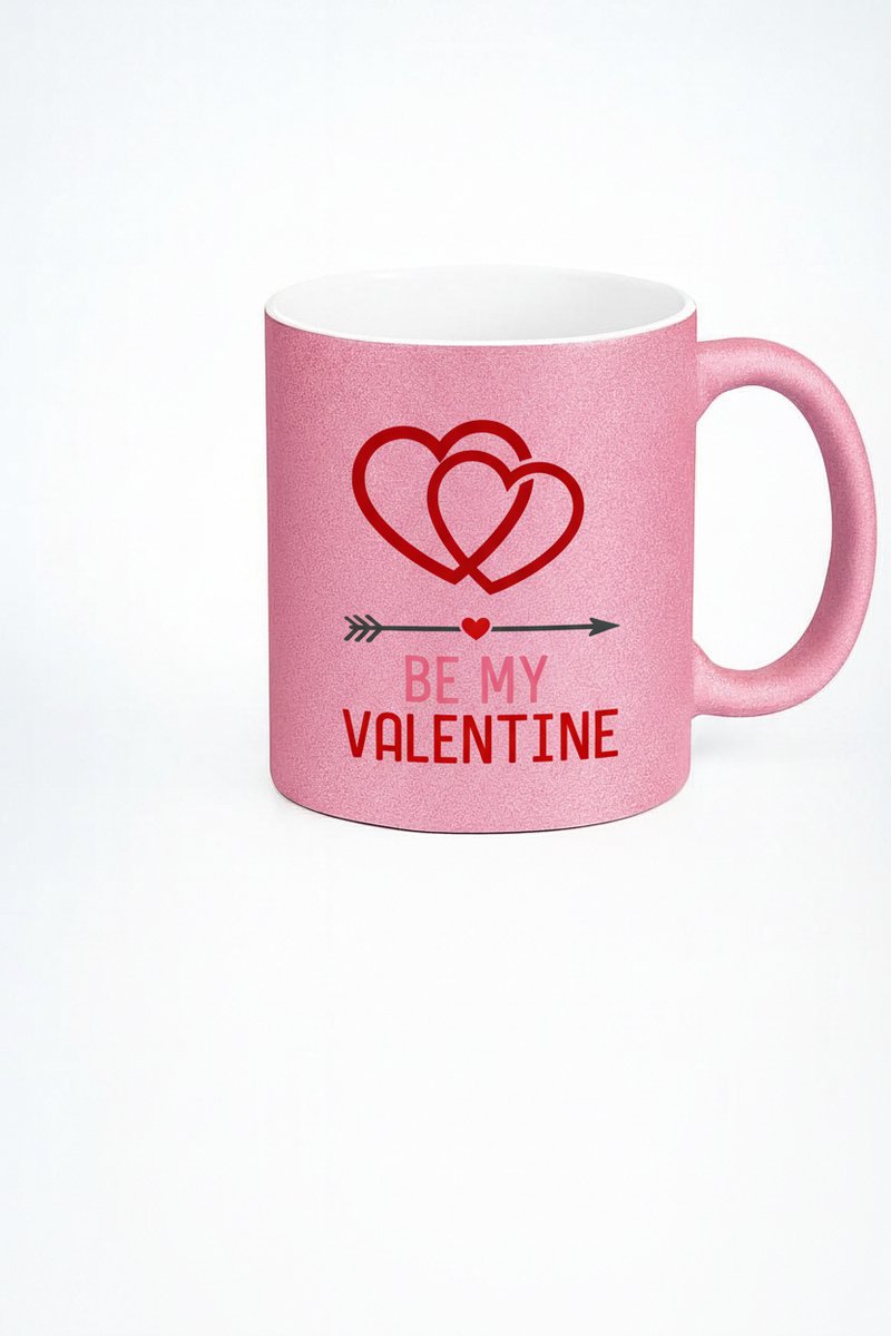 Glitter Roze Valentijn Mok - 'Be My Valentine' met Dubbele Harten Design