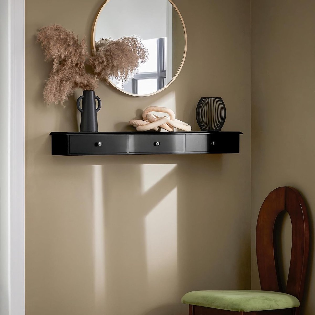 Wandrek met Laden – Modern Zwevend Wandmeubel met 3 Lades voor Hal, Woonkamer & Slaapkamer – Zwart MDF – 94 x 15 x 10 cm – Pauwhome