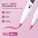Twee Arrtx acrylmarkers met brede penseelpunten, die levendige roze lijnen maken. Text: "SOFT 1-6MM NYLON BRUSH TIP".