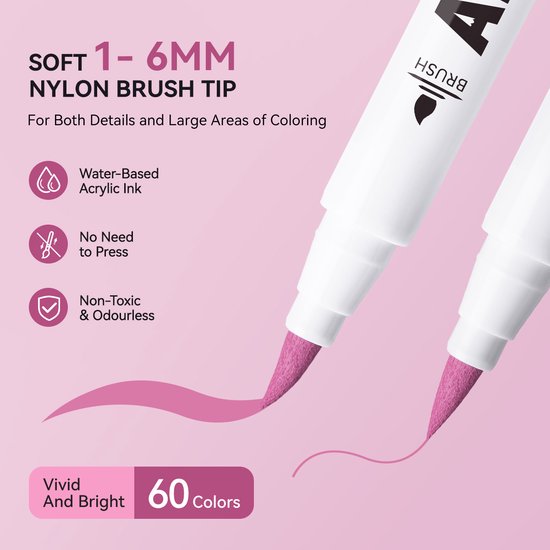 Twee Arrtx acrylmarkers met brede penseelpunten, die levendige roze lijnen maken. Text: "SOFT 1-6MM NYLON BRUSH TIP".