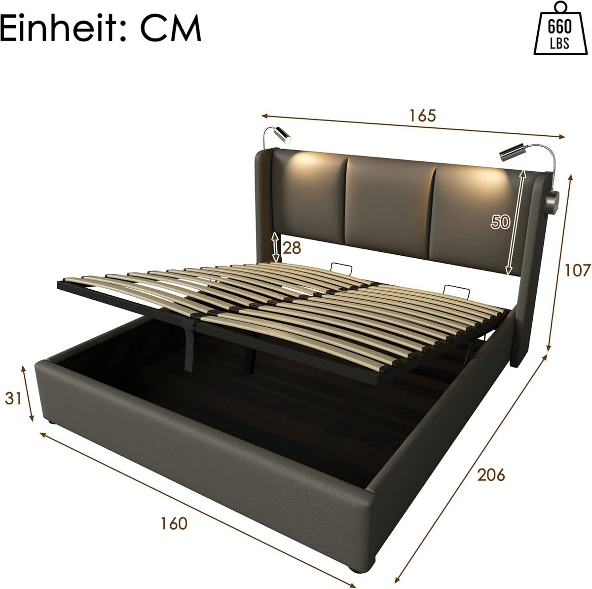 Gestoffeerd Tweepersoonsbed met Opbergruimte 160x200 cm - PU Leer Grijs