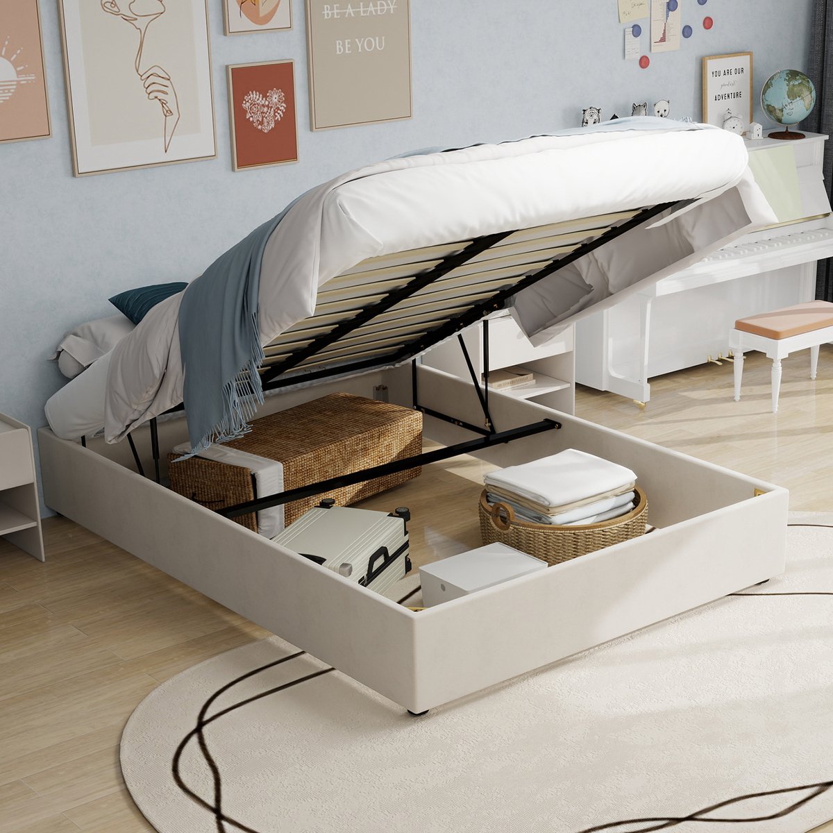 HAUSS SPOLE Gestoffeerd Bed 160x200 cm - Platformbed Met Multi-Ondersteuning - Zonder Hoofdeinde Zonder Matras - Modern Minimalistisch - Stof En Metaal - Beige