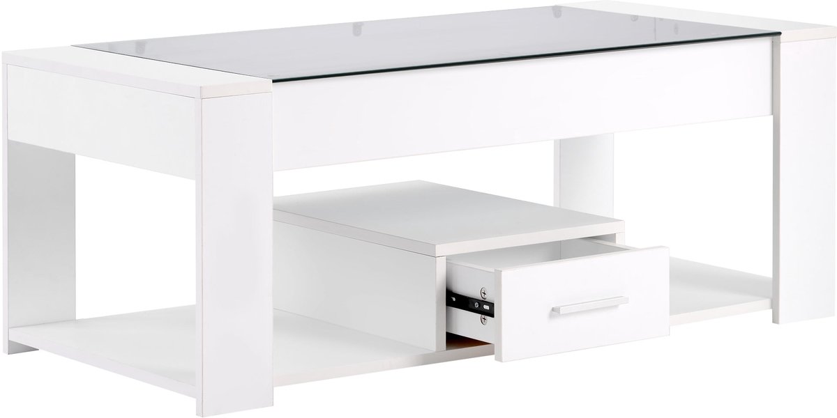 Merax Salontafel Met Glazen Blad - 100 x 50 x 40 cm - Wit - Opbergruimte Met Lade - Open Vak - Woonkamer Tafel