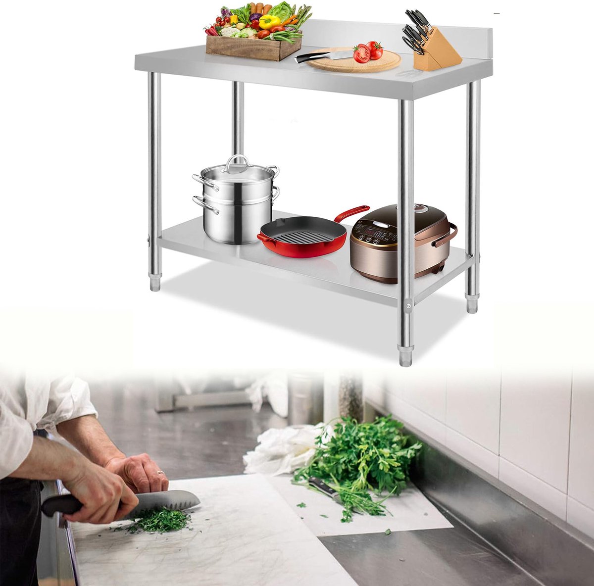 Aufun Roestvrijstalen Werktafel - 100 X 60 X 85 Cm - Demontagetafel Met Rand - Roestvrijstalen Tafel - Voor Restaurants, Thuis, Hotels
