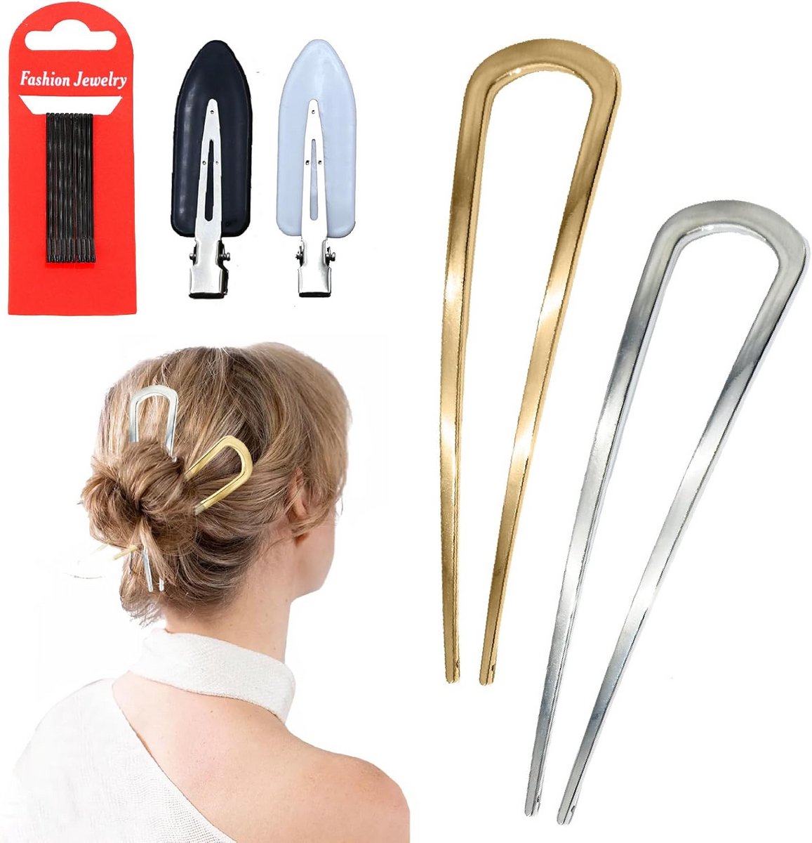Grote U-vormige Haarspelden Set met 12 Extra Metalen Bobby Pins voor Dik Haar