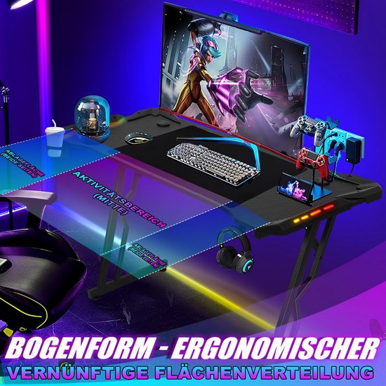 Ergonomisch Gaming Bureau Z-Vorm 140x60 cm met LED Verlichting en Grote Muismat — afbeelding 4