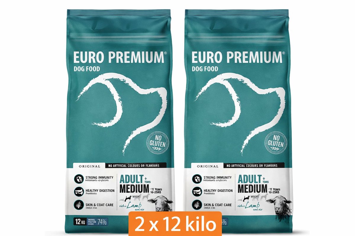 Euro-Premium Adult Medium - Hondenvoer - Lam Rijst 2x 12 kg Voordeelverpakking