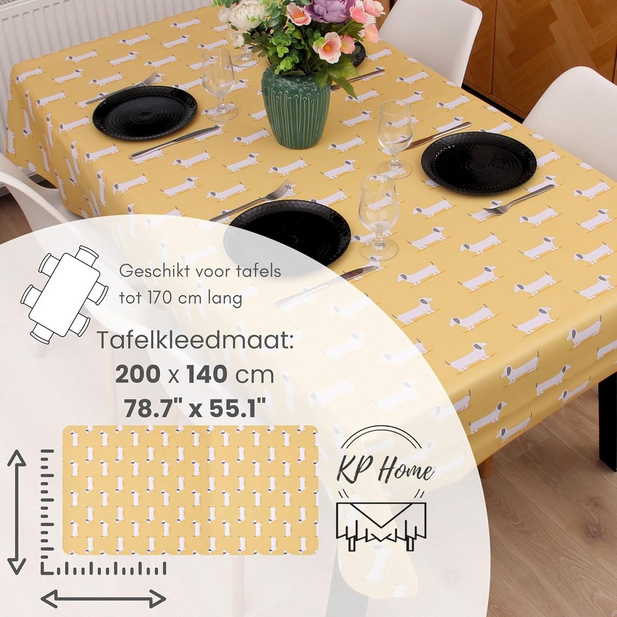Groot Geel Tafelkleed met Teckel Print - Rechthoekig Vinyl voor Binnen en Buiten