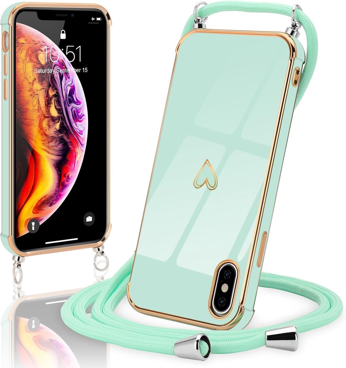 Telefoonketting compatibel met iPhone X, iPhone XS, ultradun, camerabescherming, patroon: hart, liefde, gegalvaniseerd design, TPU-siliconen, met koord, om op te hangen
