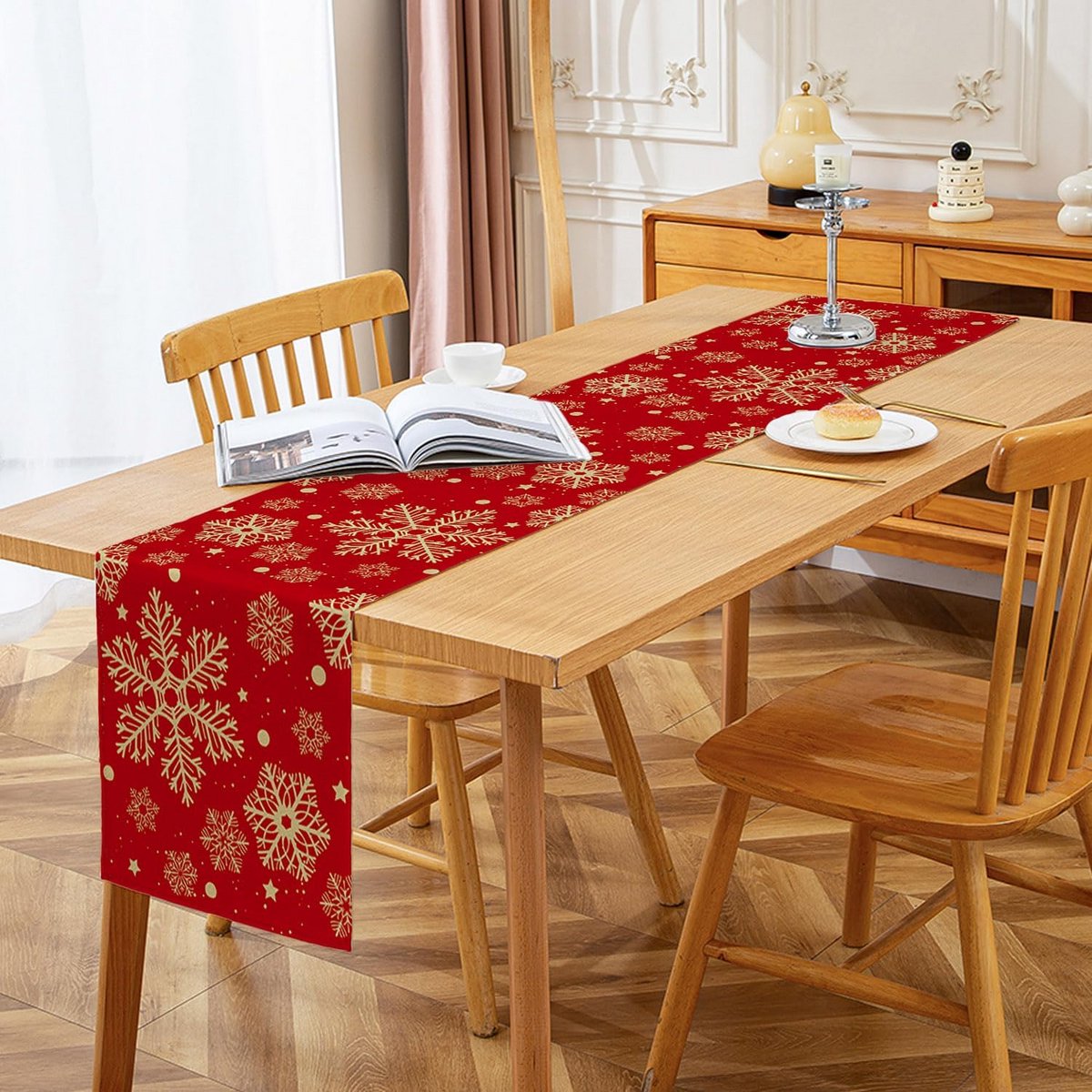 Wastbare Kerst Tafelloper Rood Goud 33x183 cm voor Feest en Winterdecoratie