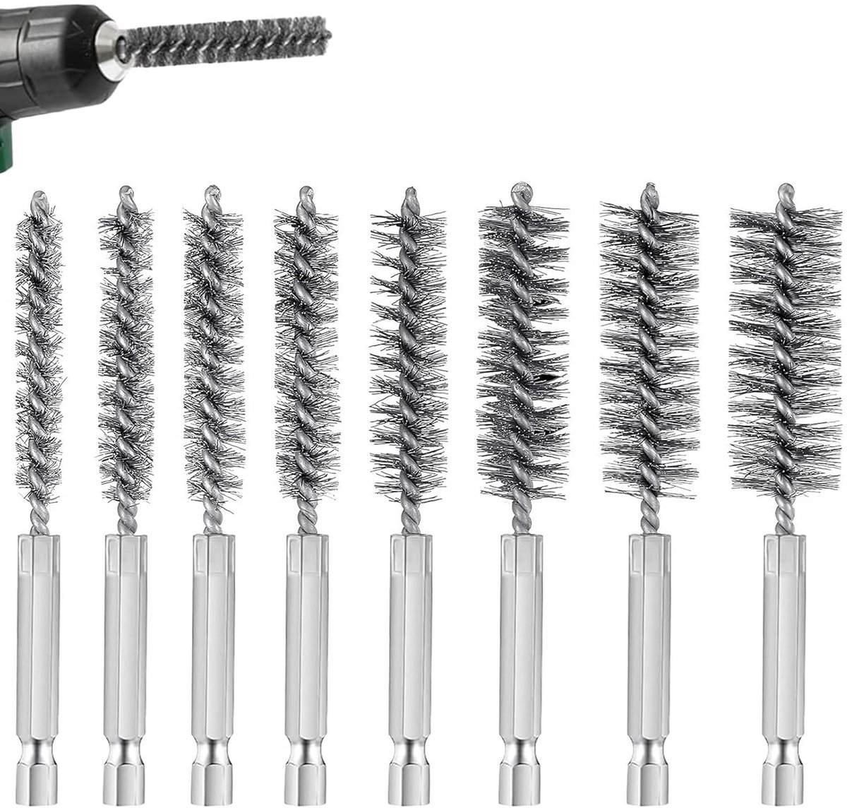 Set van 8 Cilinder Draadborstels in Diverse Maten (8-19 mm) voor Reiniging