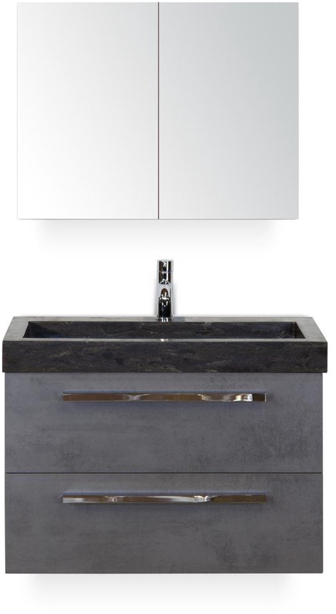 Seville Badmeubelset 80 cm - Beton Antraciet - Wastafel Hardsteen Wit Lucca - met Spiegelkast
