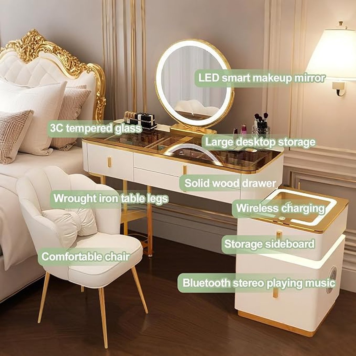 Make-uptafel met LED Spiegel & Draadloos Opladen – 100 x 40 x 76 cm – Kaptafel met Laden, Bluetooth Speaker & 3 Lichtstanden – Wit/Goud – Pauwhome