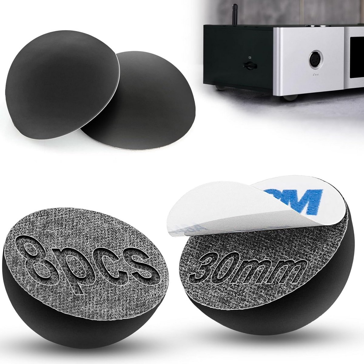 8x Zelfklevende Rubber Voetjes 30mm Zwart voor Luidsprekers, Elektronica & Meubels