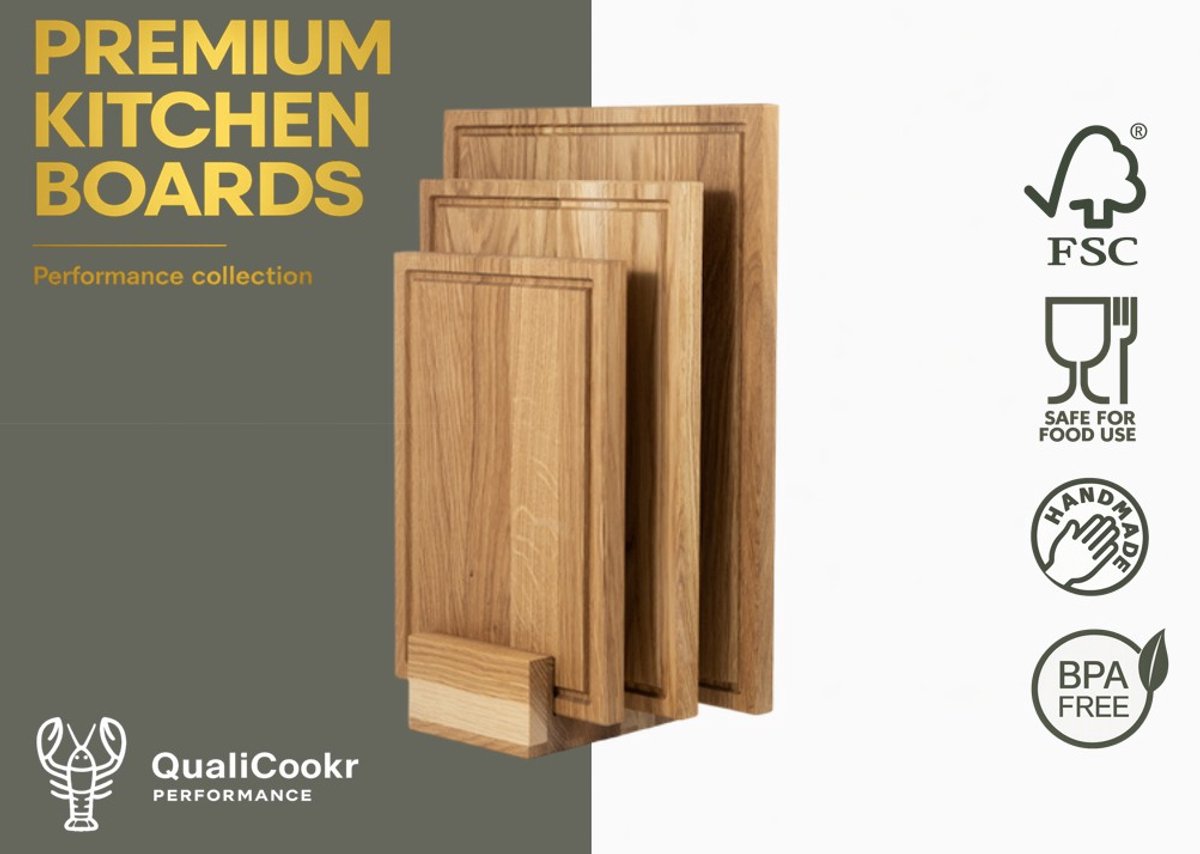 QualiCookr | Eiken Serveerboard Set (4pcs) | Borrelplank | Kaasplank | Tapasplank | Serveerplank | Hapjesplank | Snijplank