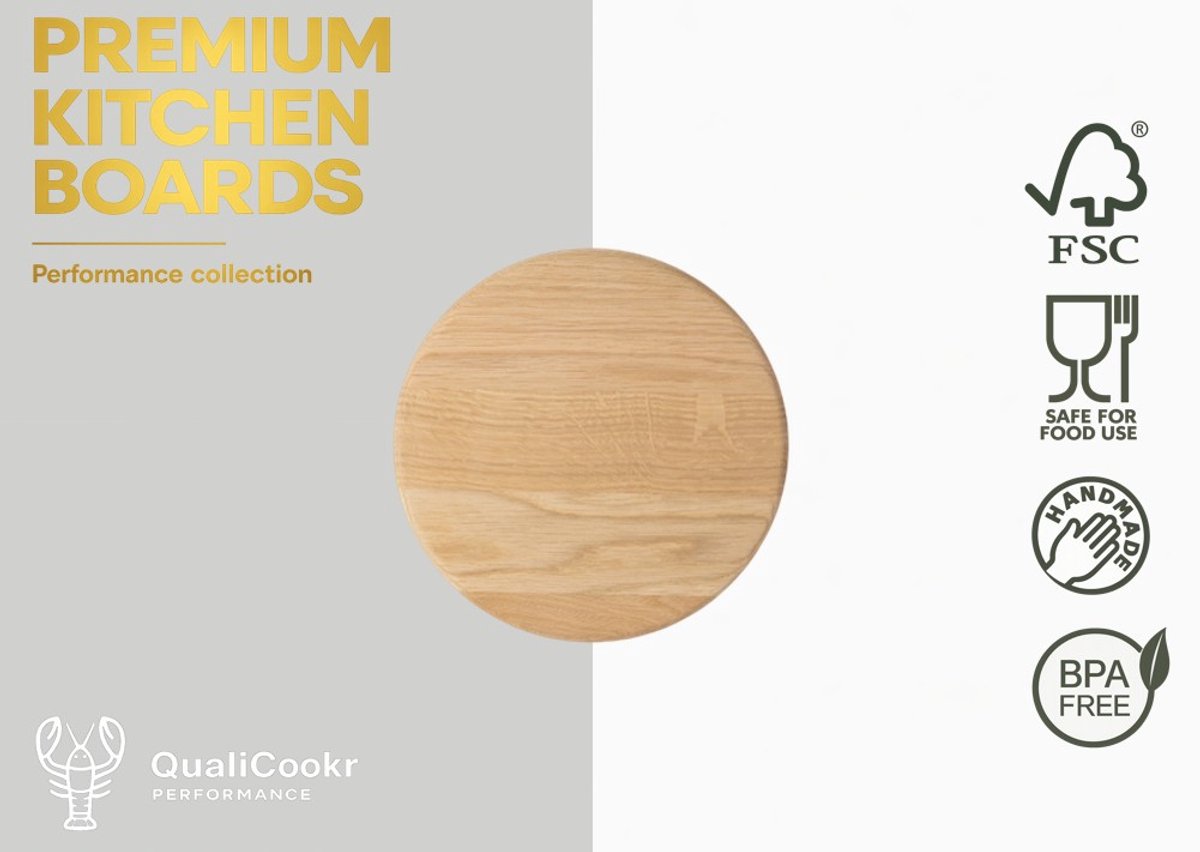 QualiCookr | Eiken Serveerboard rond ∅220MM | Borrelplank | Kaasplank | Tapasplank | Serveerplank | Hapjesplank | Snijplank