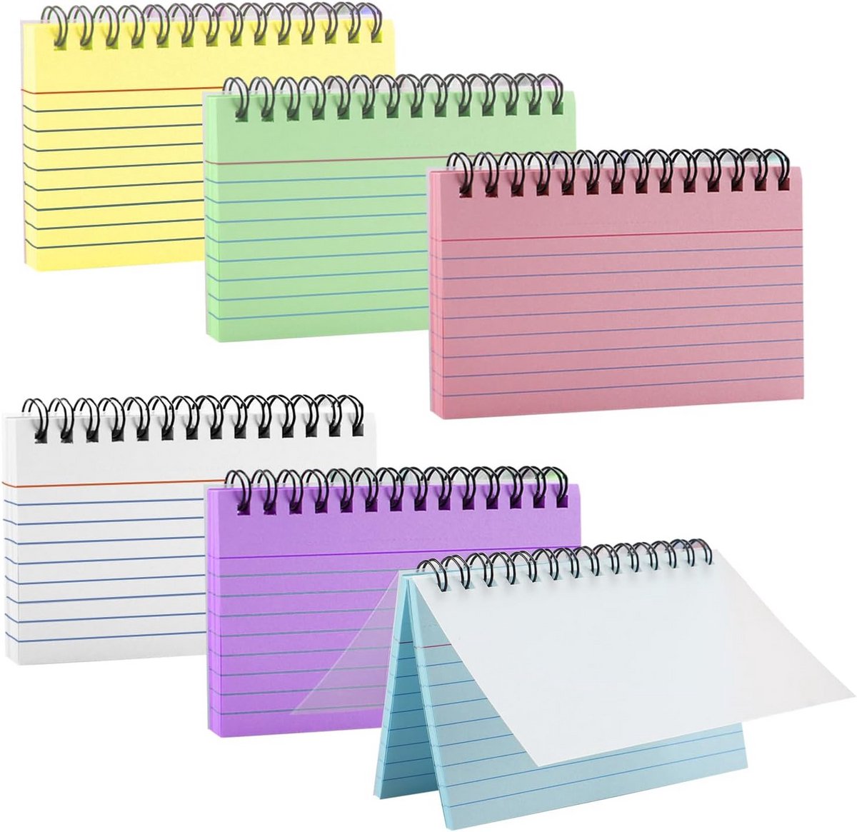 6x Set Gelinieerde Indexkaarten 7x13 cm Spiraalgebonden Flashkaarten in 6 Kleuren