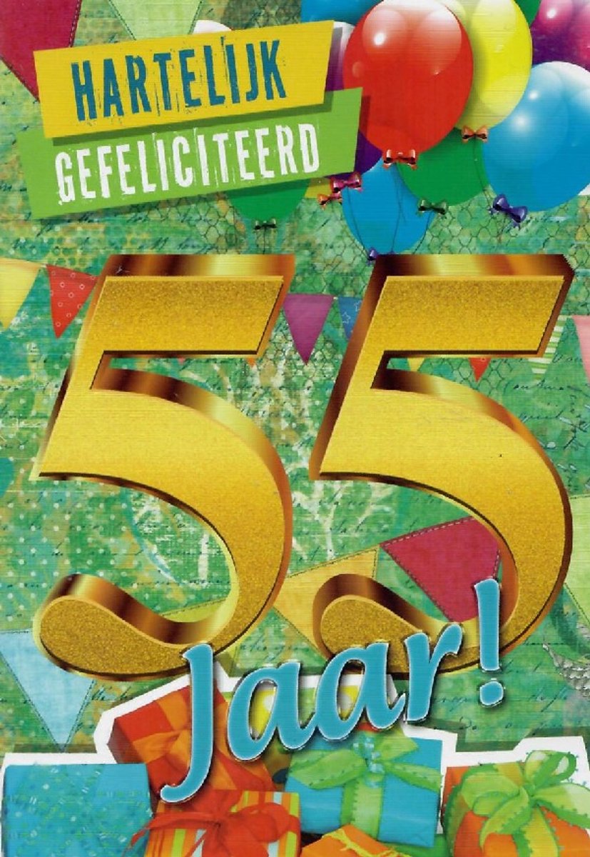 55 jaar! Van harte gefeliciteerd met je verjaardag! Een kleurrijke kaart met cadeautjes en ballonnen in meerdere kleuren. Een leuke kaart om zo te geven of om bij een cadeau te voegen. Een dubbele wenskaart inclusief envelop en in folie verpakt.