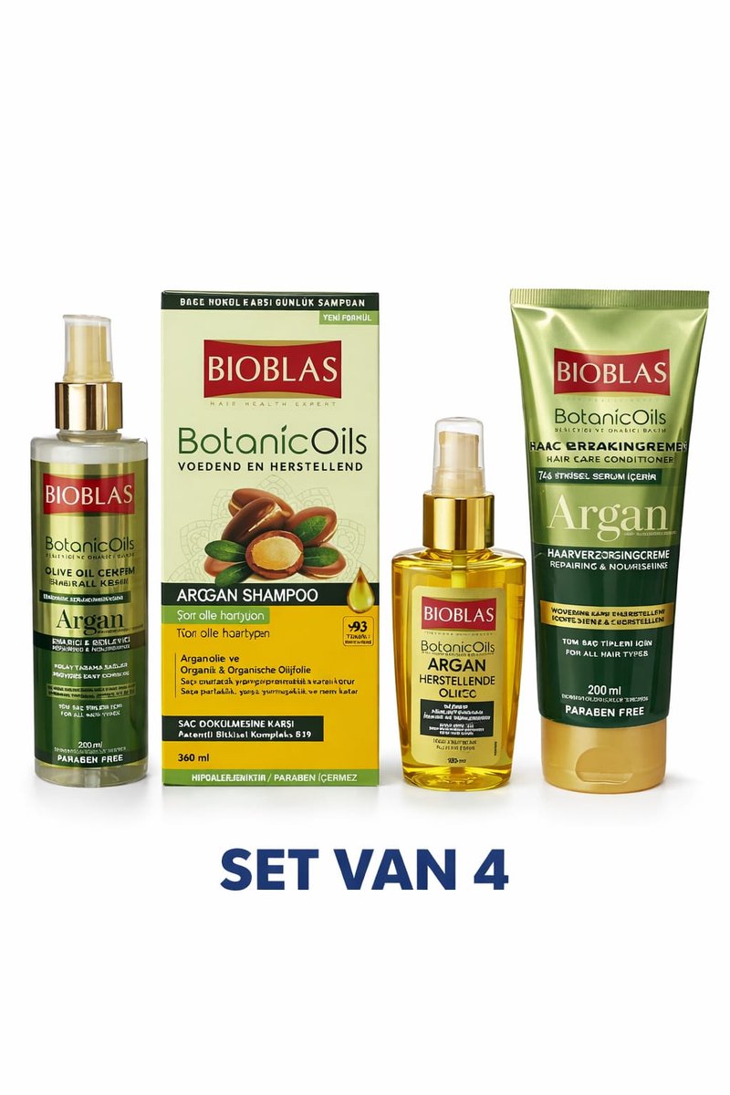 Bioblas BotanicOils Argan Haarverzorgingsset – Shampoo 360 ml + Conditioner 200 ml + Argan Olie 100 ml + Argan Creme 250ML Voordeelset (Set van 4)