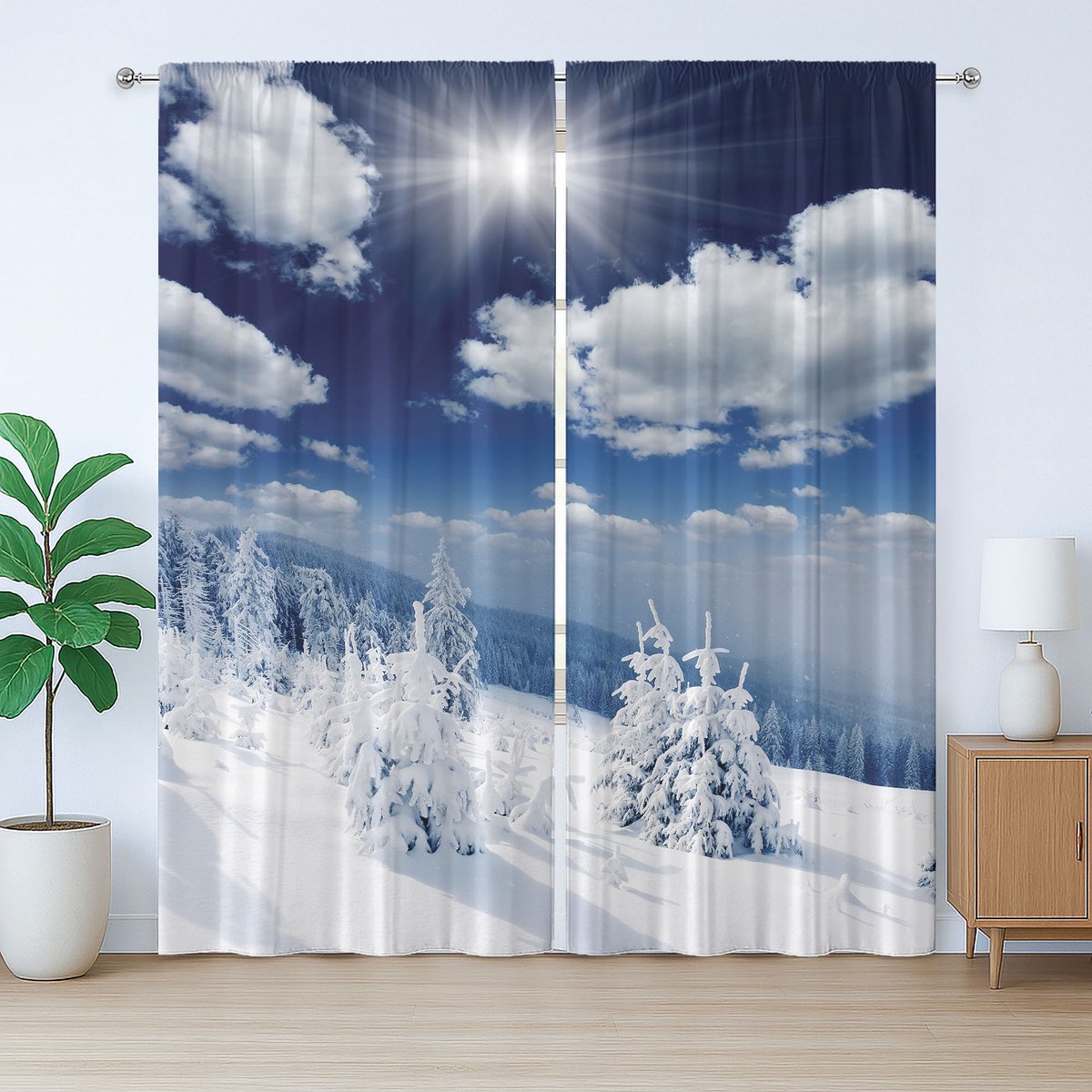 ABAKUHAUS Wit rustiek gordijn, met besneeuwde bomen, geplooid slaapkamergordijn met lussen en haken, 280 x 175 cm, blauw wit