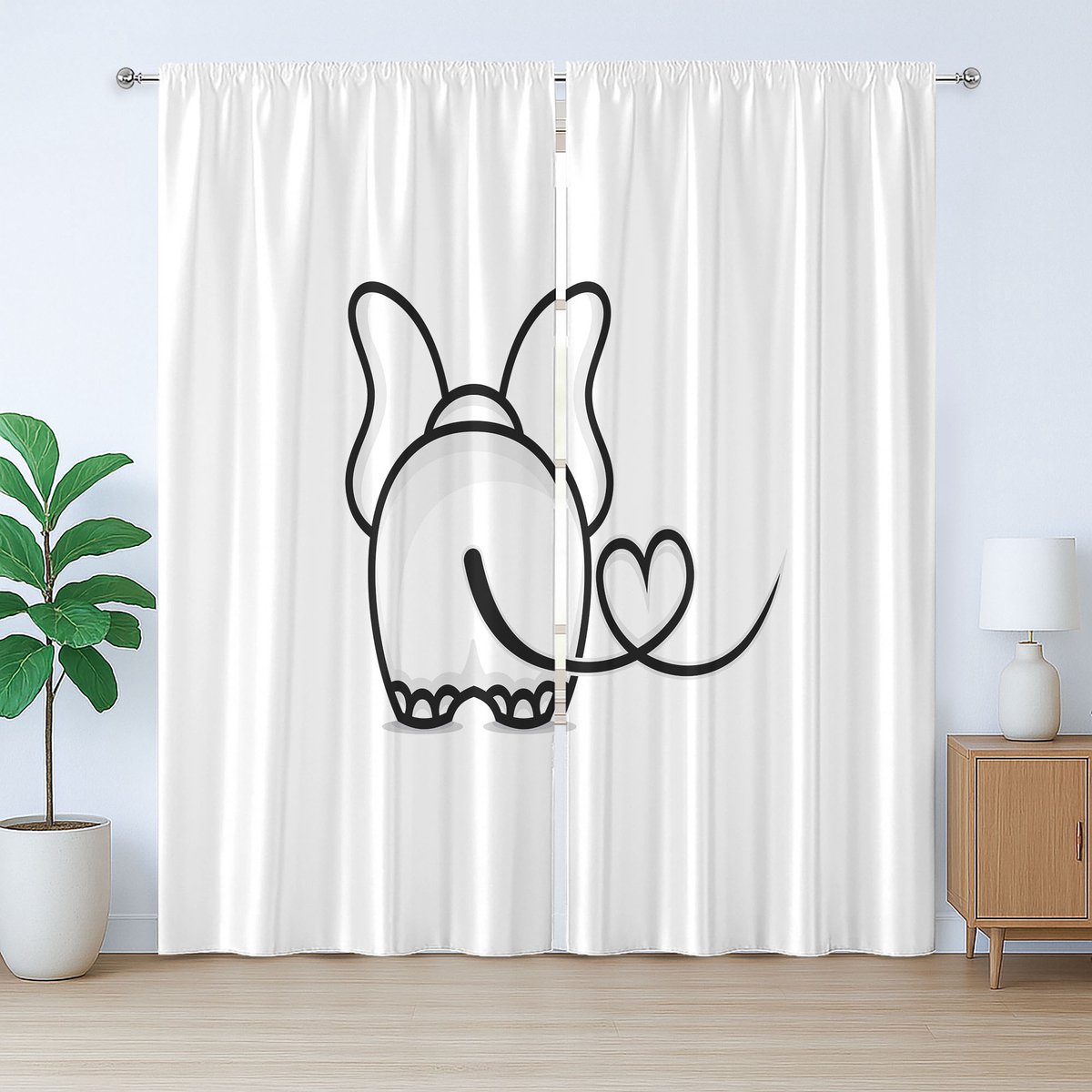 ABAKUHAUS Babyolifant Rustiek Gordijn, Liefdesthema Doodle Stijl, Geplooid Gordijn met Lussen en Haken voor de Slaapkamer, 280 x 245 cm, Wit Zwart