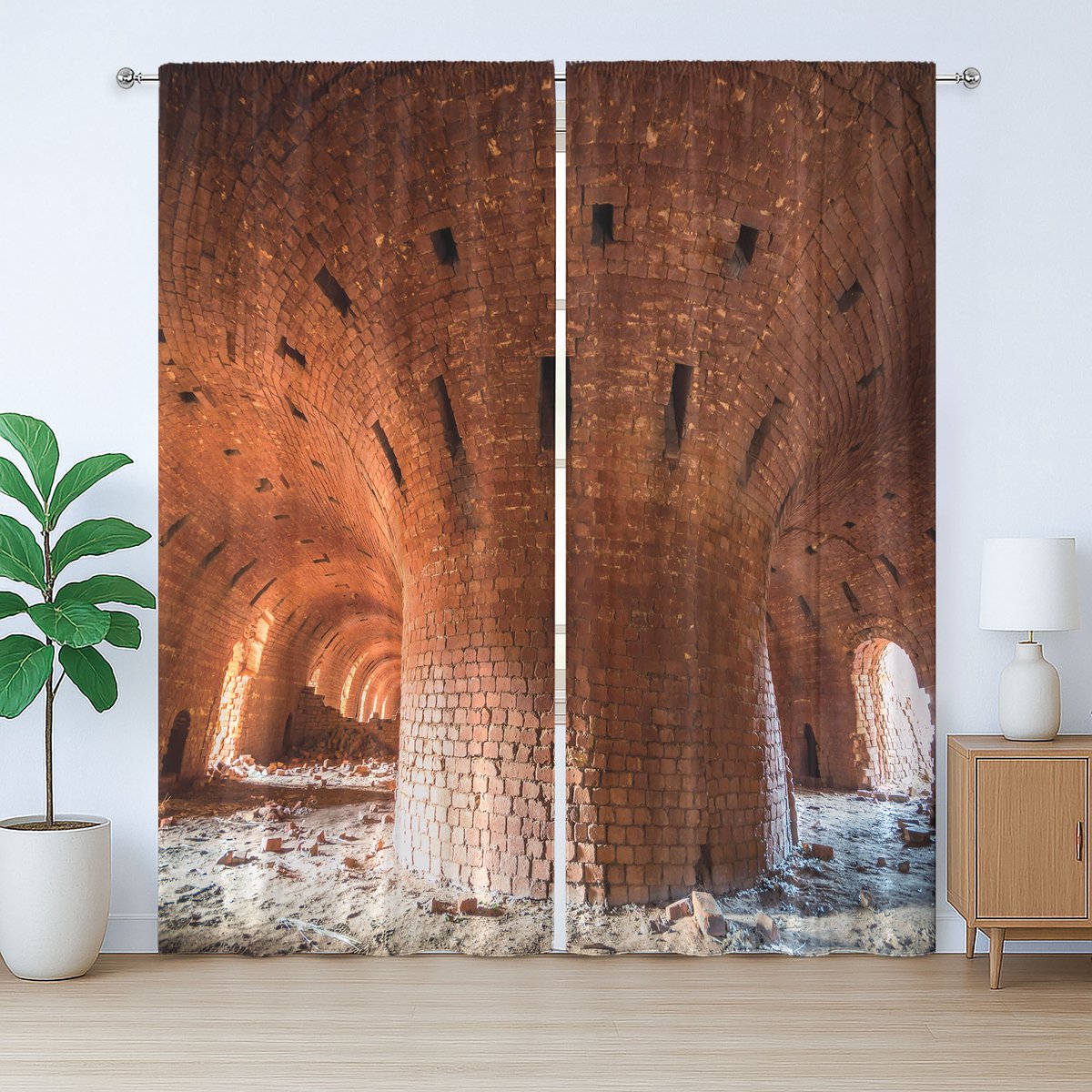 ABAKUHAUS Oranje Rustiek Gordijn, Oude Bakstenen Muur, Universele Gordijnen met Banden, Lussen en Haken voor de Woonkamer, 280 x 260 cm, Oranje
