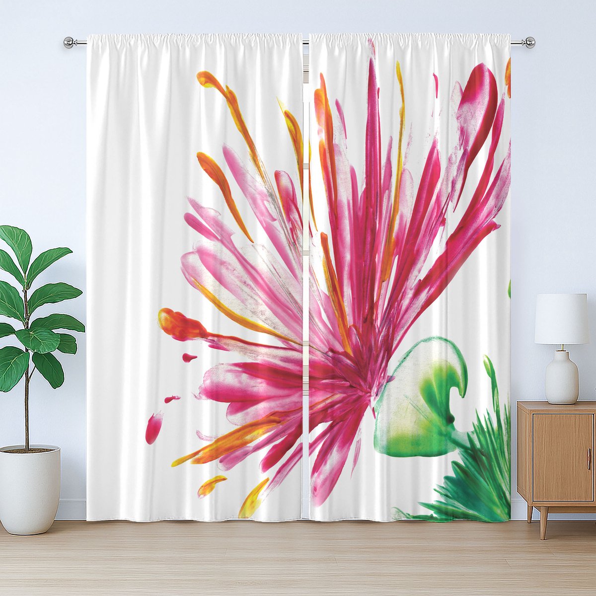 ABAKUHAUS Roze Rustiek Gordijn, Bloeiende Bloemblaadjes, met Bandjes, Lussen en Haken voor de Woonkamer, 280 x 225 cm, Fuchsia Groen