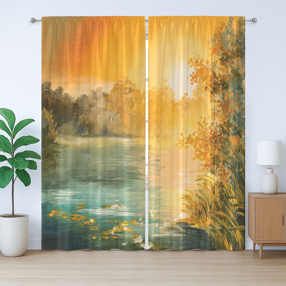 ABAKUHAUS Rustiek herfstgordijn, retro zeegezicht, slaapkamergordijn met plooien, lussen en haken, 280 x 175 cm, groen oranje blauw