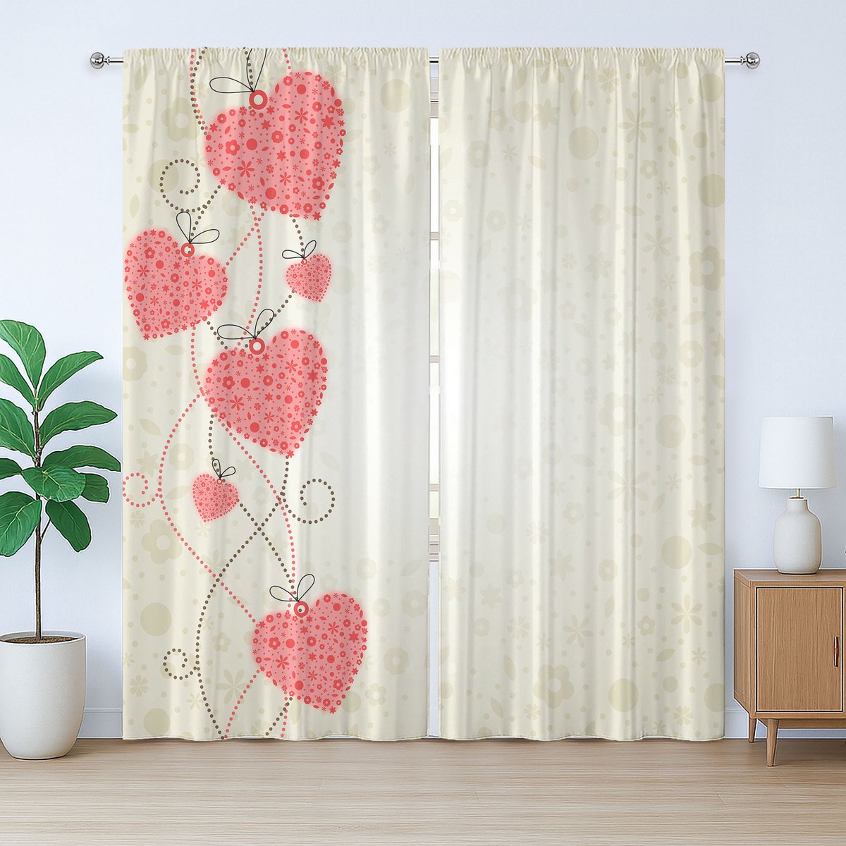 ABAKUHAUS Romantisch rustiek gordijn, abstract hartmotief, met lussen en haken voor de woonkamer, 280 x 245 cm, koraalbeige