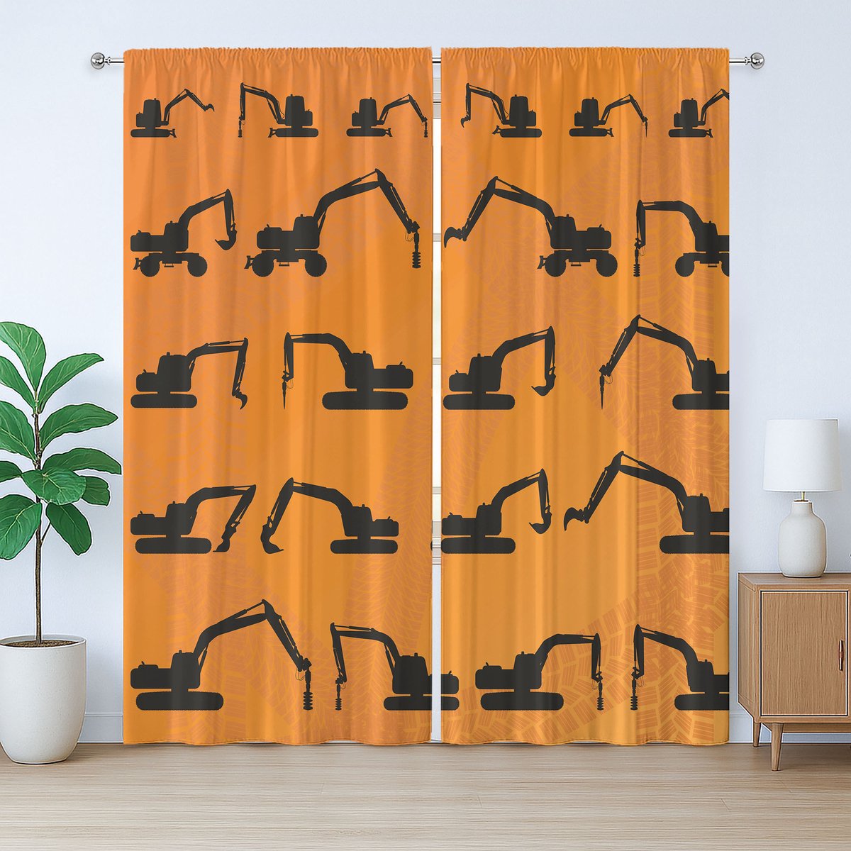 ABAKUHAUS Rustiek Bouwgordijn, Graafmachine Rupsen, Slaapkamergordijn met Plissébanden, Lussen en Haken, 280 x 175 cm, Oranje Zwart