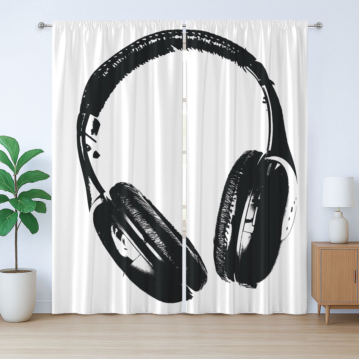 ABAKUHAUS koptelefoon, rustiek gordijn, grunge muziekapparaat, met lussen en haken voor de woonkamer, 280 x 245 cm, wit antracietgrijs