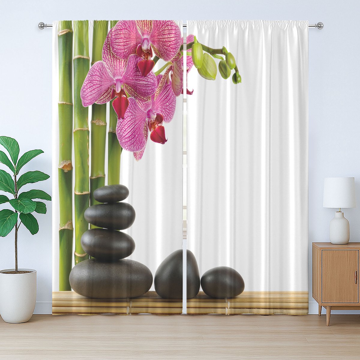 ABAKUHAUS Spa Rustiek Gordijn, Roze Orchidee en Bamboe, Geplooid Gordijn voor de Slaapkamer met Lussen en Haken, 280 x 260 cm, Zwart Groen Roze
