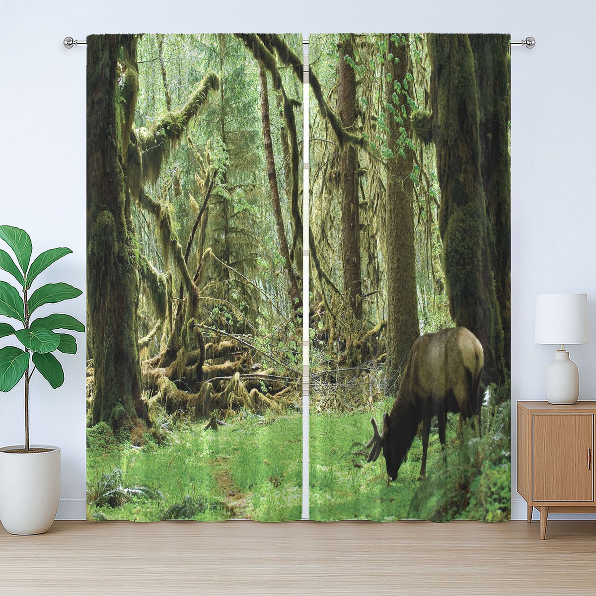 ABAKUHAUS Rustiek gordijn met bosmotief, Roosevelt-eland in het park, met lussen en haken voor de woonkamer, 280 x 260 cm, groenbruin