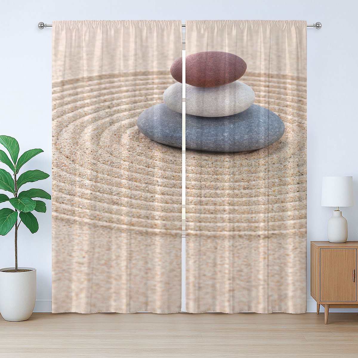 ABAKUHAUS Rustiek gordijn met rotsen, 3 stenen op wervelend zand, geplooid gordijn met lussen en haken voor de slaapkamer, 280 x 175 cm, meerkleurig