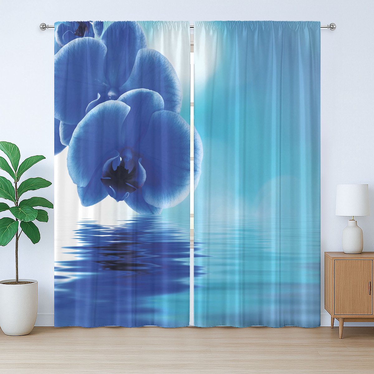 ABAKUHAUS Rustiek bloemengordijn, orchideeënmotief, slaapkamergordijn met plooiband, lussen en haken, 280 x 245 cm, violetblauw wit