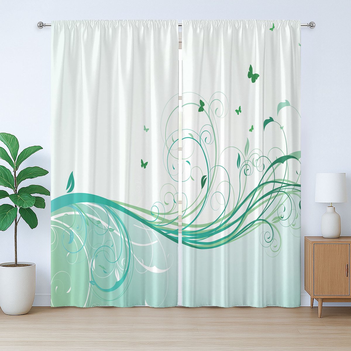 ABAKUHAUS Victoriaans rustiek gordijn, gebogen lijnen, golvend bloemenpatroon, met lussen en haken , 280 x 225 cm, lichtgroen/mintgroen