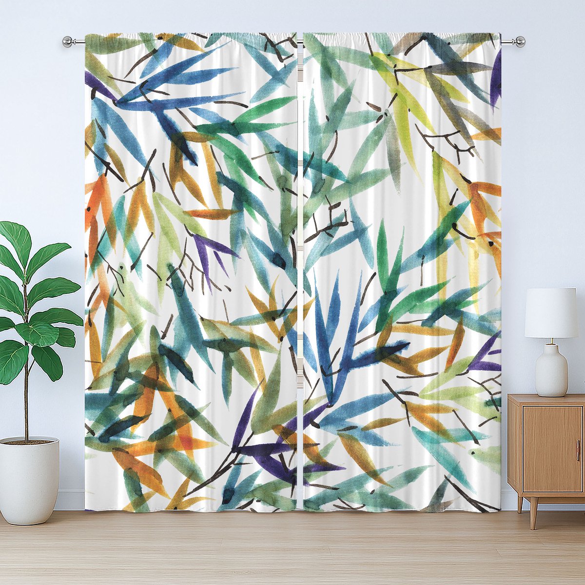 ABAKUHAUS Japanse rustieke gordijnen, bamboebladeren, Aziatisch, slaapkamergordijn met lussen en haken, 280 x 245 cm, blauwgroenbruin