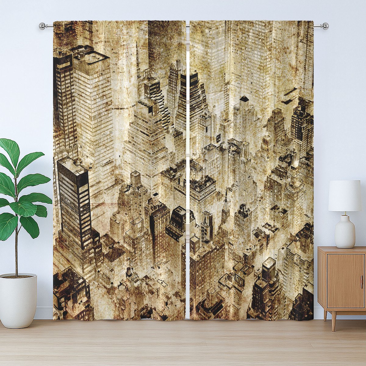 ABAKUHAUS Amerikaanse rustieke gordijnen, New York City 's nachts, universele gordijnen met lussen en haken voor de woonkamer, 280 x 175 cm, geel