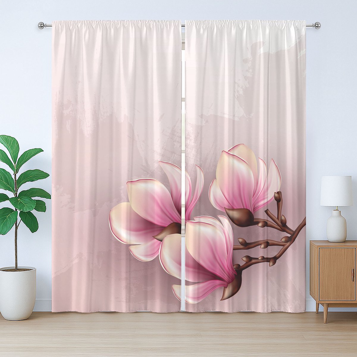 ABAKUHAUS Magnolia Rustiek Gordijn, Fragiele Bloemblaadjes, met Bandjes en Lussen voor de Woonkamer, 280 x 245 cm, Babyroze Bruine Roos