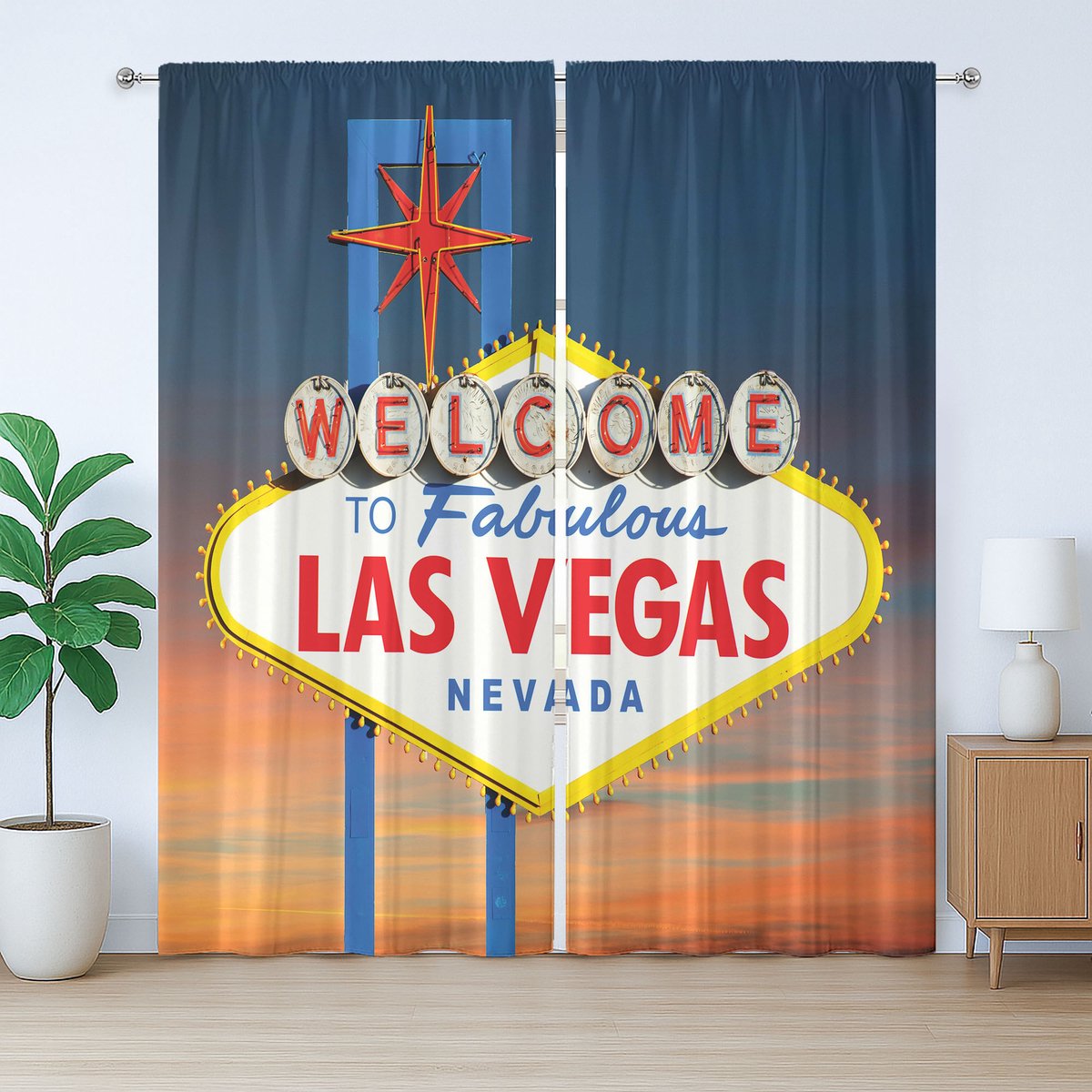 ABAKUHAUS Verenigde Staten van Amerika Rustiek Gordijn, Fantastisch Las Vegas Nevada, met Bandjes, Lussen en Haken , 280 x 225 cm, Blauw Rood