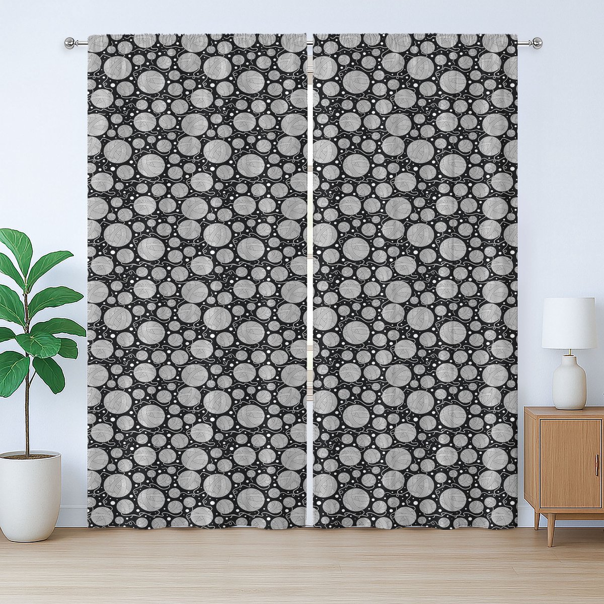 ABAKUHAUS Zwart-wit rustiek gordijn, boho garenbollen, slaapkamergordijn met plooien, lussen en haken, 280 x 225 cm, zwart en wit