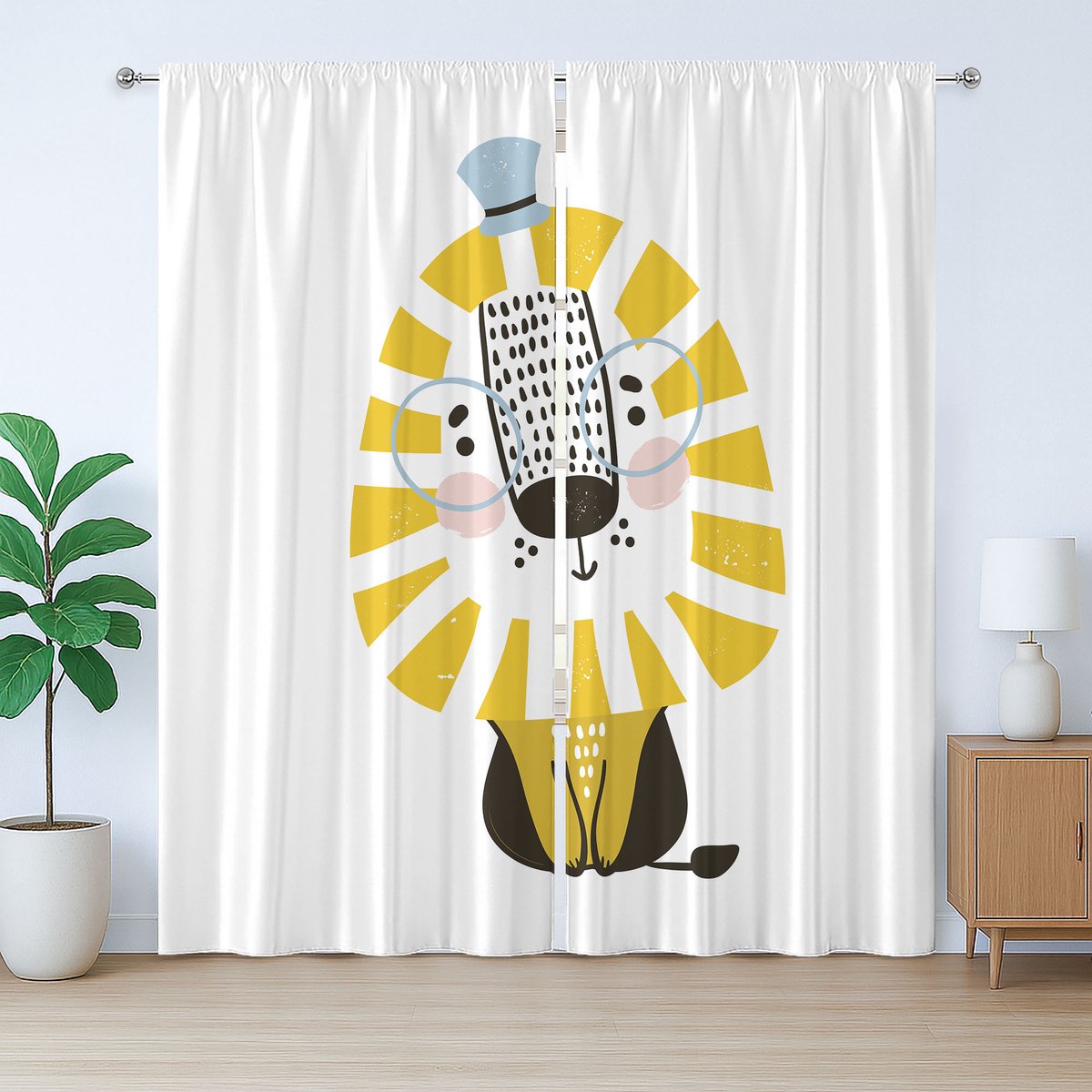 ABAKUHAUS Rustiek Gordijn met Leeuw, Cartoon Jungledier, Gordijn met Plooiing met Lusjes en Haken, 280 x 175 cm, Lichtblauw Geel Zwart